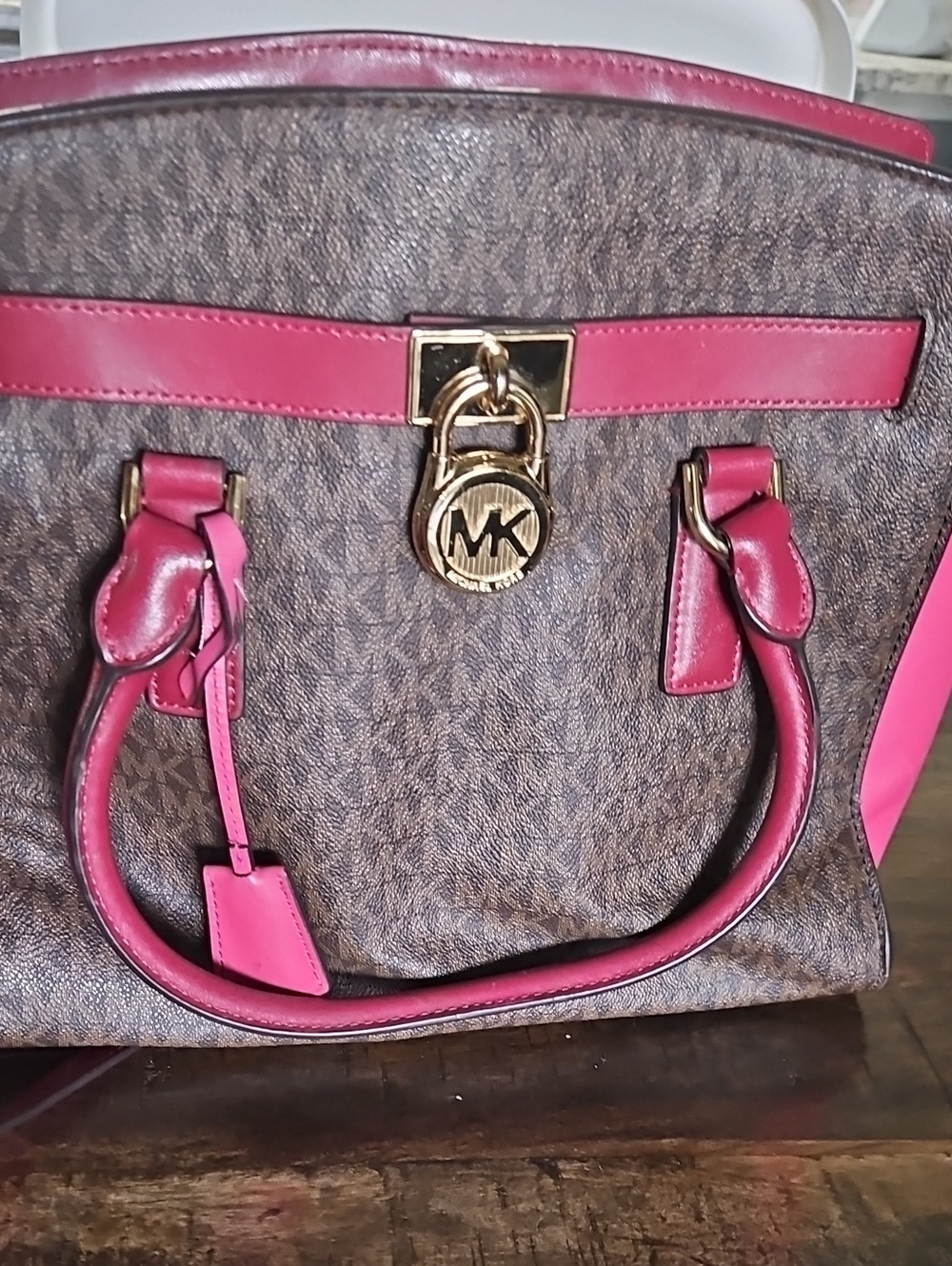 Michael Kors Brown Signature Satchel with Pink Trim